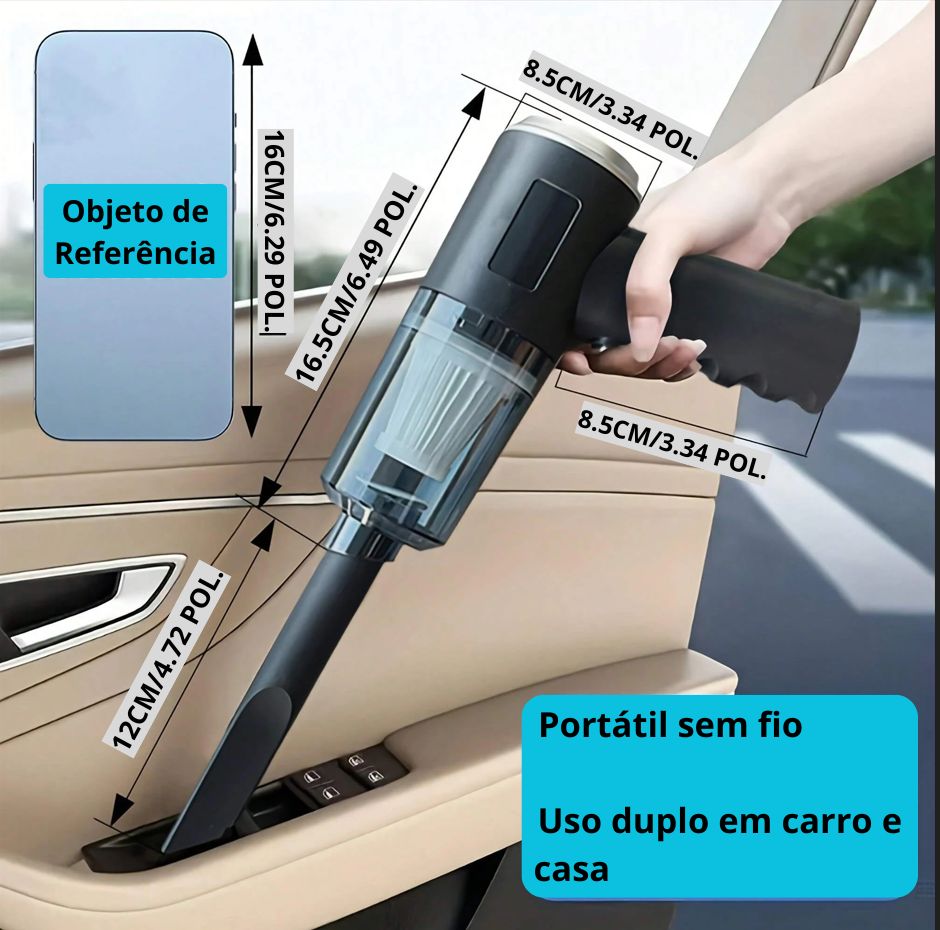 Aspirador de pó sem fio 120W de alta potência – portátil, uso duplo para casa e carro, cor preta