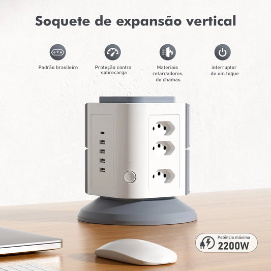 Extensão vertical com 9 tomadas padrão brasileiro + 4 portas USB + 1 porta Type-C — 2200W, com proteção contra sobrecarga e design compacto para casa ou escritório.
